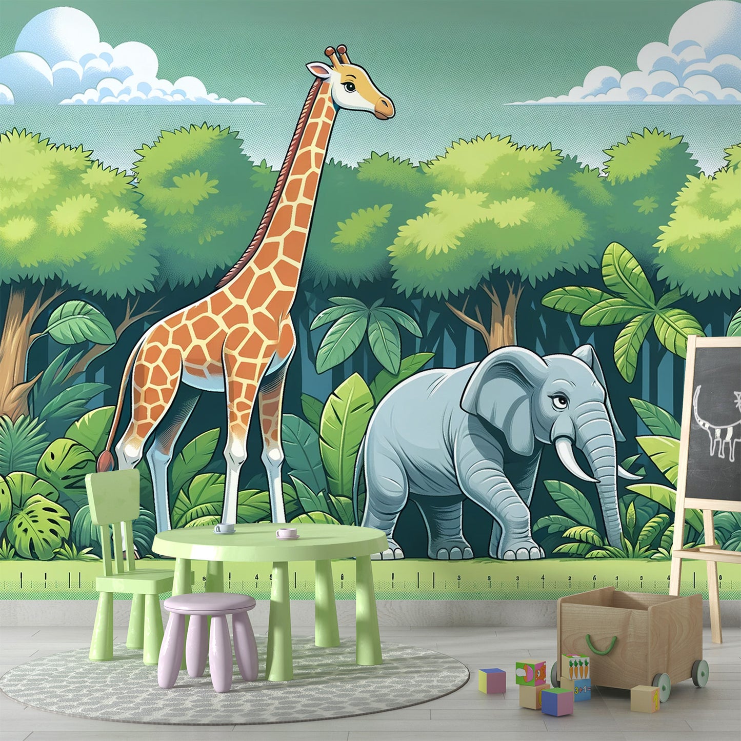 Papier peint jungle enfant | Girafe et éléphant en dessin animée