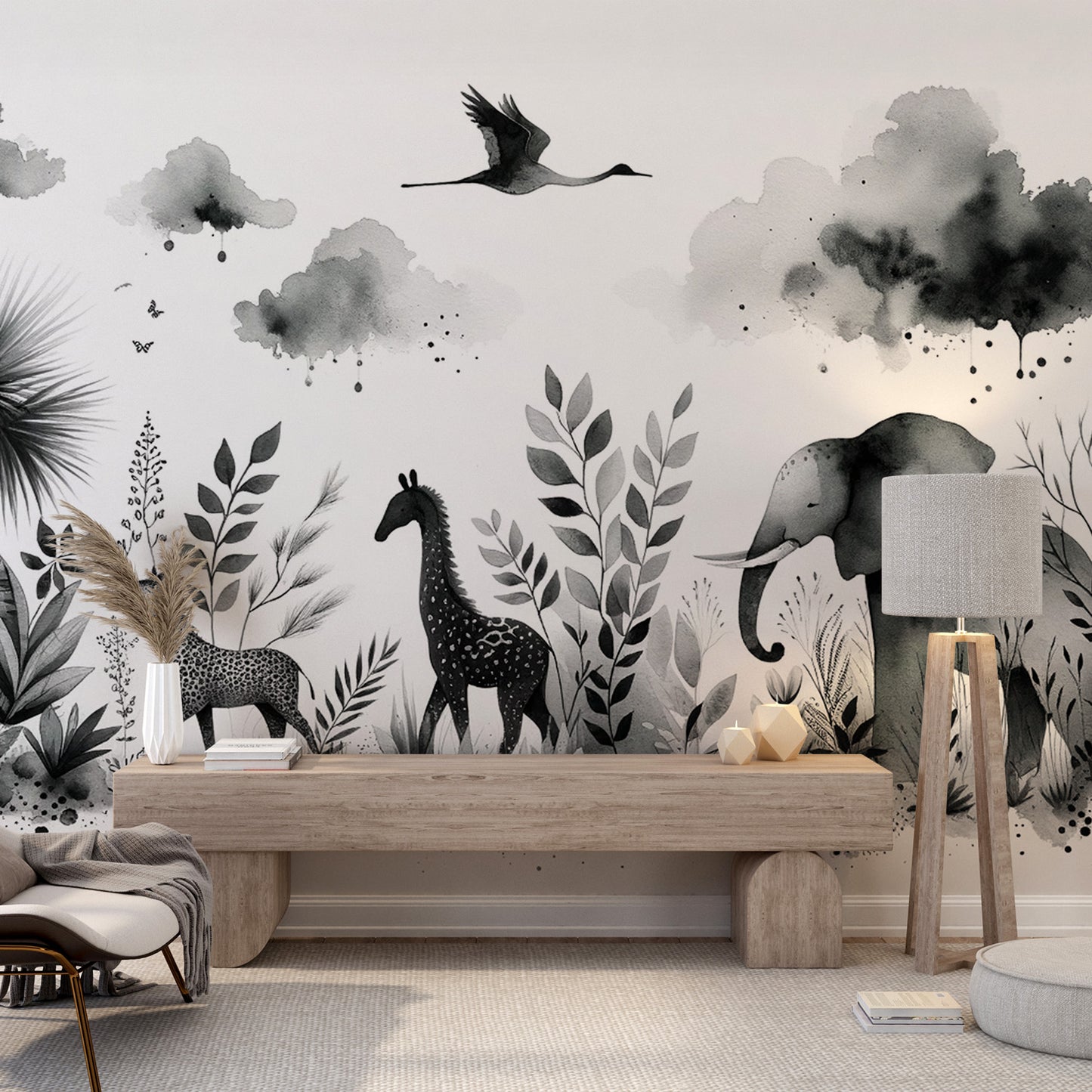 Papier peint jungle noir et blanc | Aquarelle animaux de la jungle