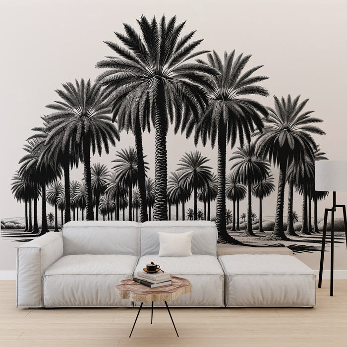Papier peint jungle noir et blanc | Champ de palmiers