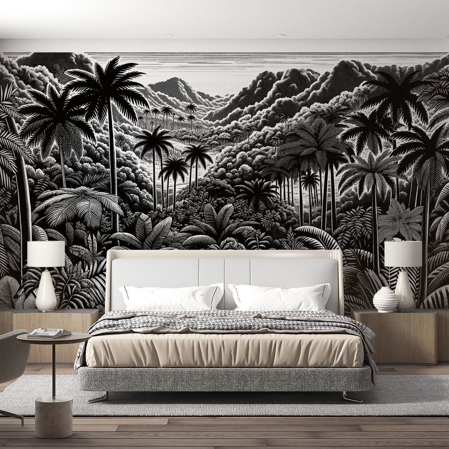 Papier peint jungle noir et blanc | Dessin palmiers et feuillages