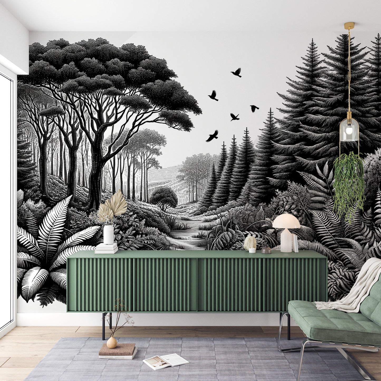 Papier peint jungle noir et blanc | Entre jungle et forêt de sapins