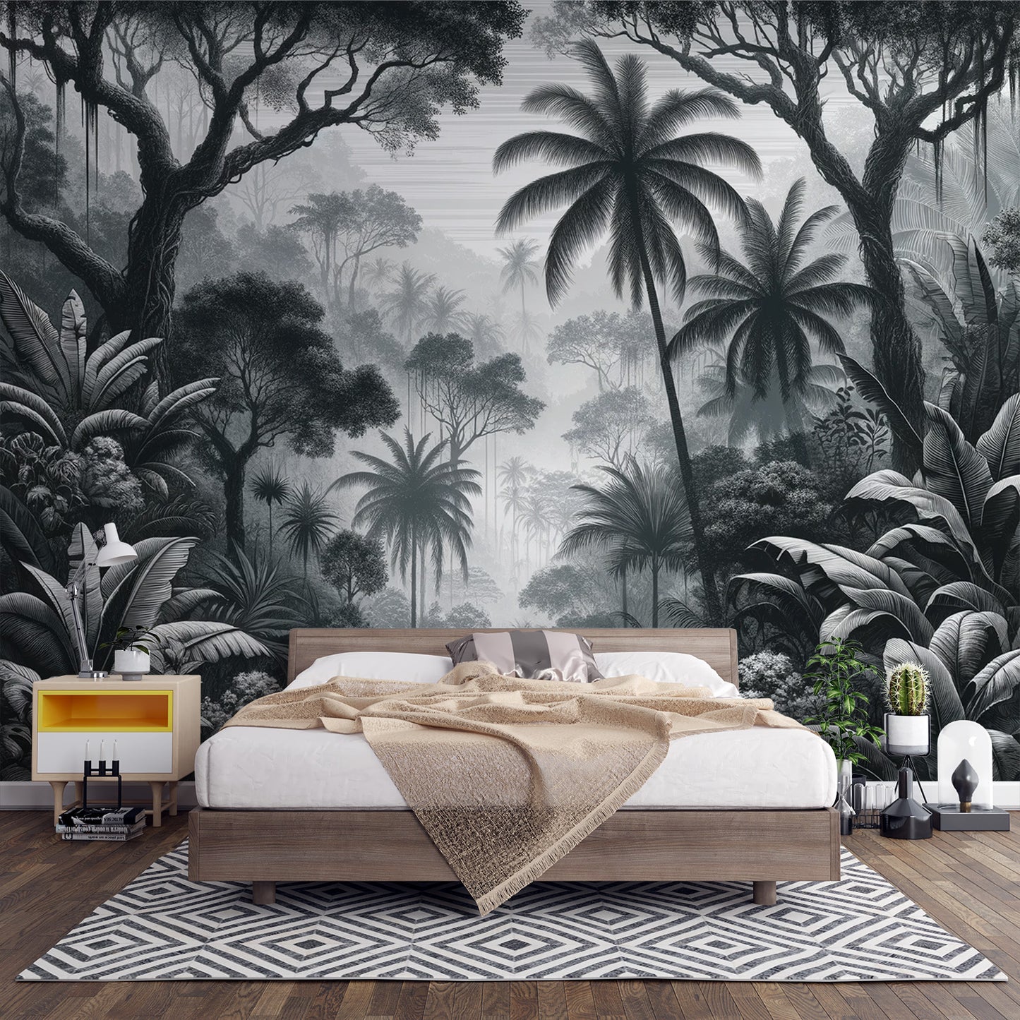 Papier peint jungle noir et blanc | Feuilles de bananiers et Palmiers