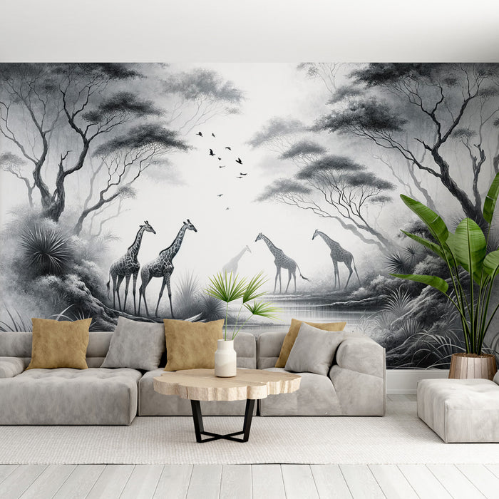 Papier peint jungle noir et blanc | Girafes et rivière