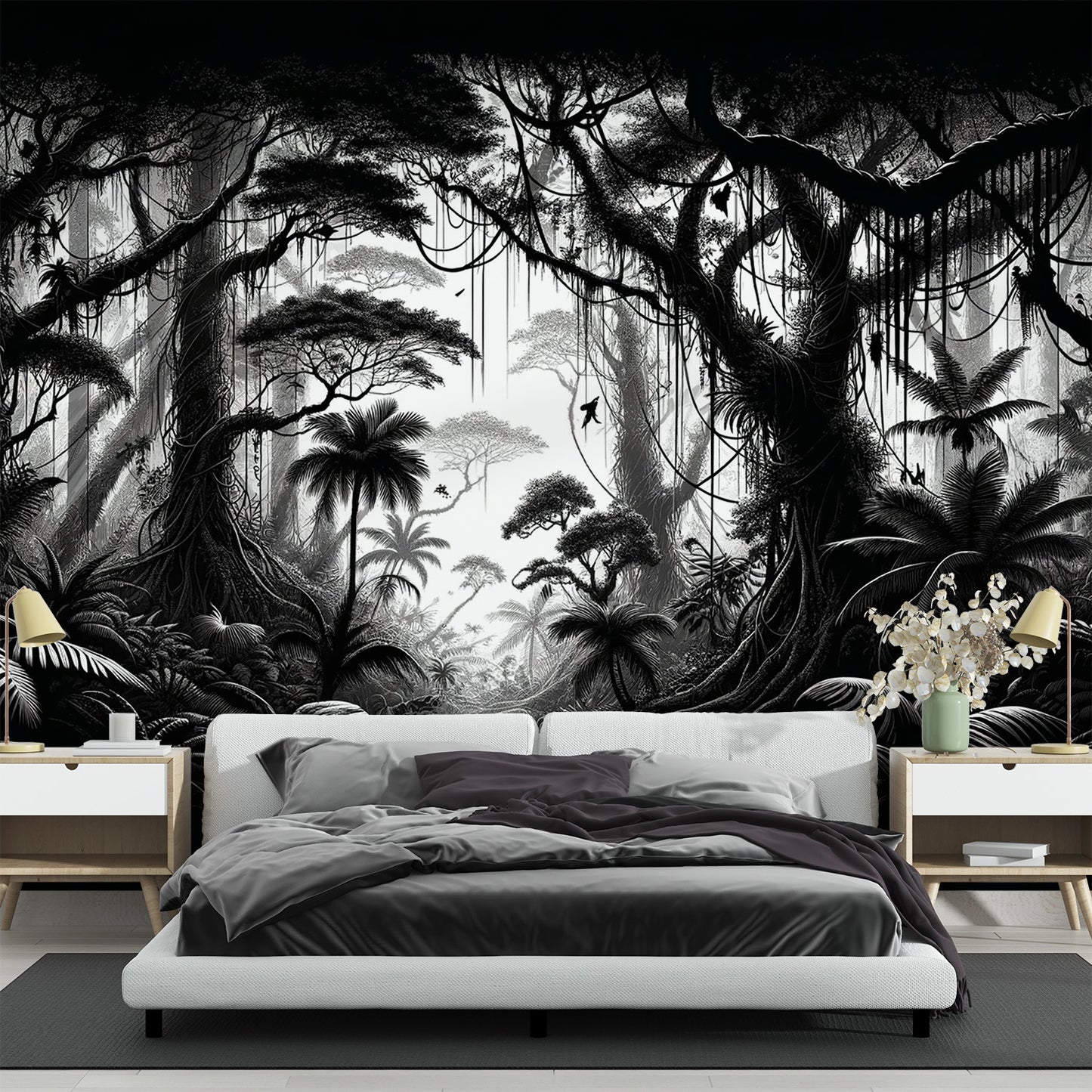 Papier peint jungle noir et blanc | Lianes et Palmiers