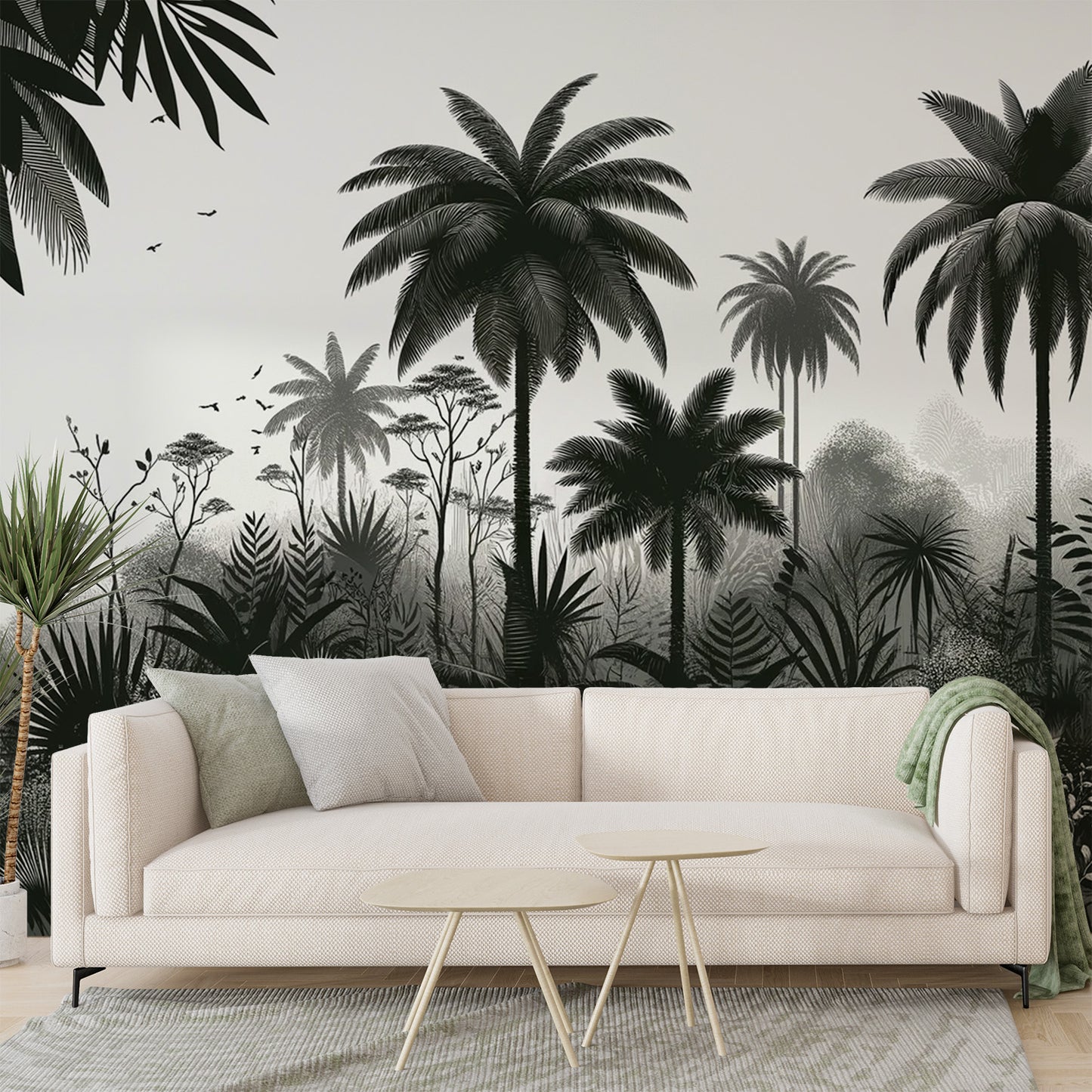 Papier peint jungle noir et blanc | Palmiers, feuillages et oiseaux