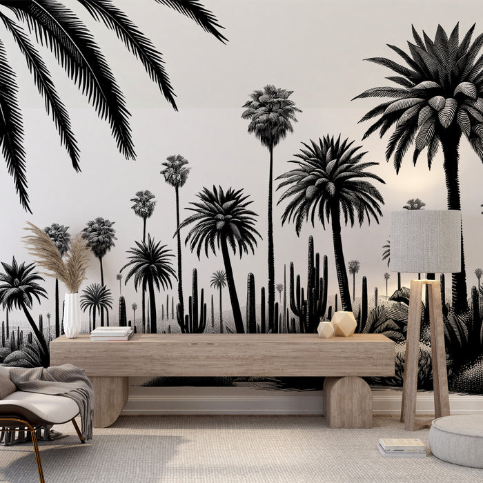 Papier peint jungle noir et blanc | Palmiers et cactus