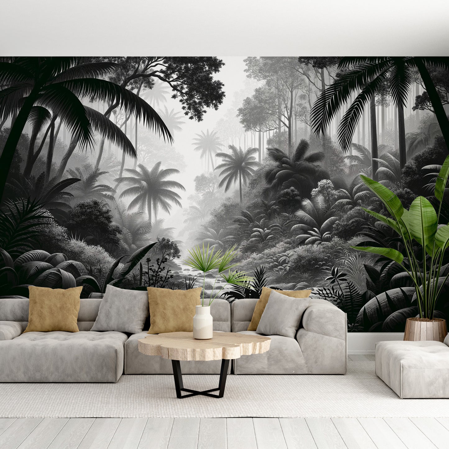Papier peint jungle noir et blanc | Palmiers et rivière