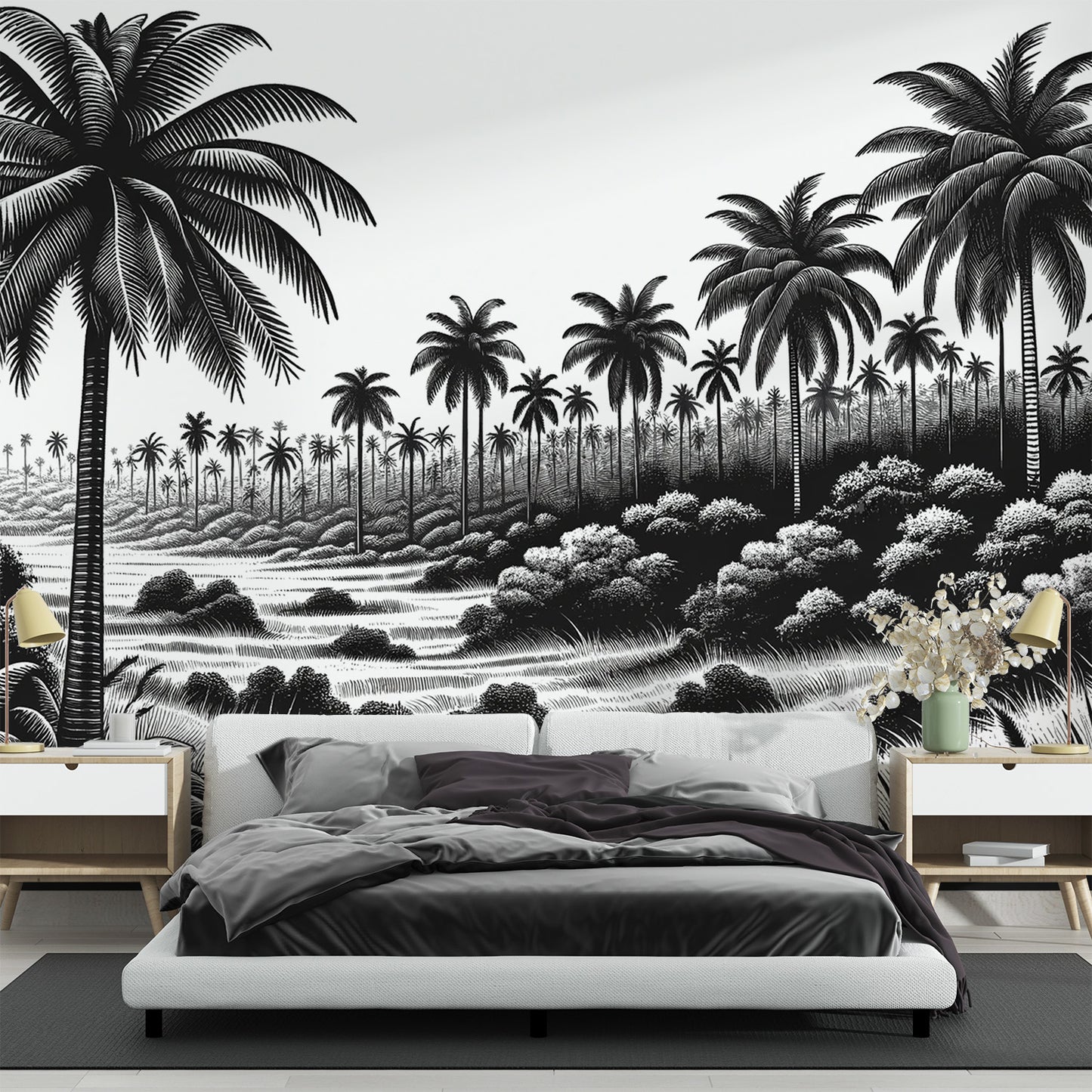Papier peint jungle noir et blanc | Plaine de palmiers
