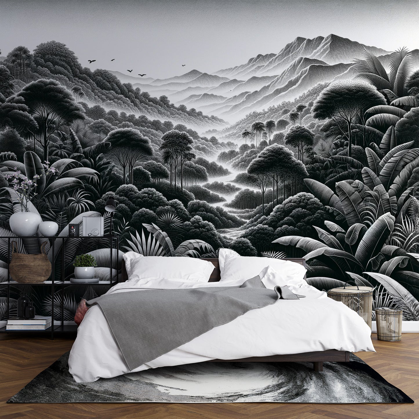 Papier peint jungle noir et blanc | Relief montagneux et végétal
