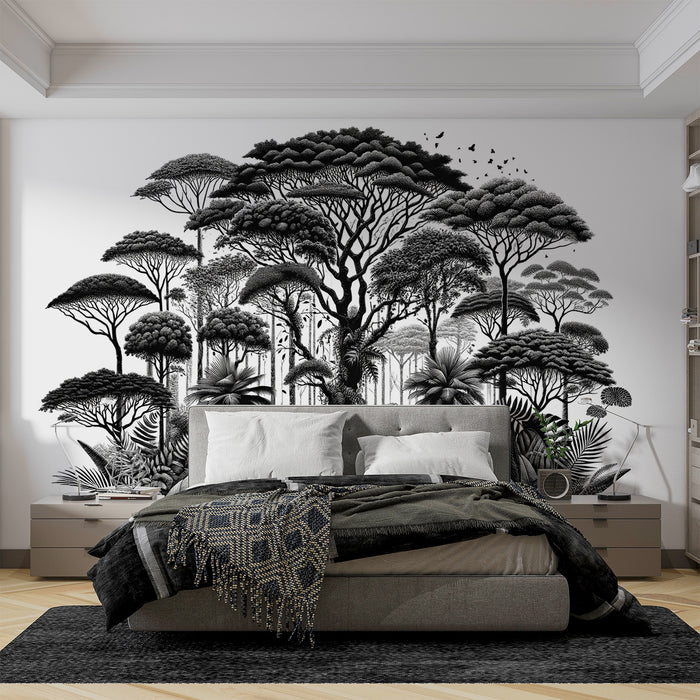 Papier peint jungle noir et blanc | Relief végétalisé