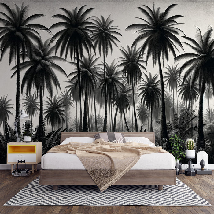 Papier peint jungle noir et blanc | Sable et palmiers