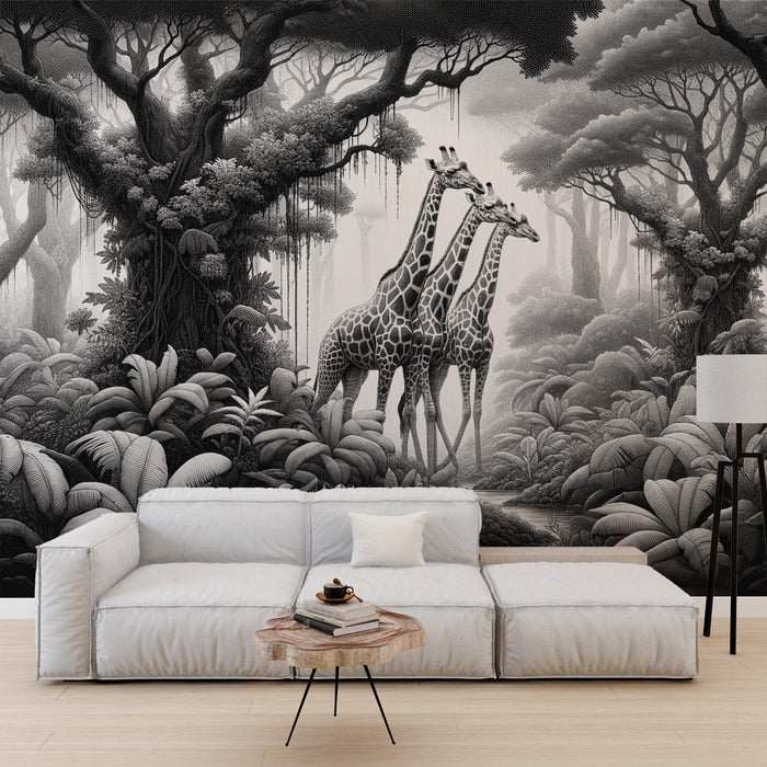 Papier peint jungle noir et blanc | Trois girafes