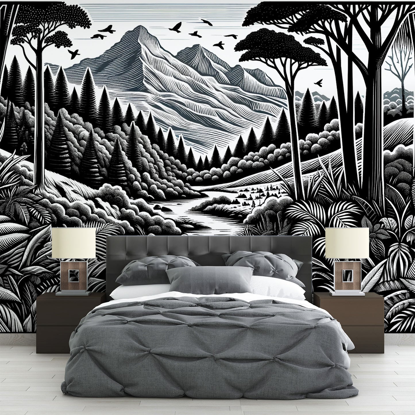 Papier peint jungle noir et blanc | Végétation et relief montagneux