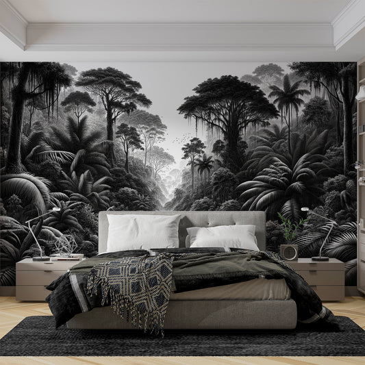 Papier peint jungle noir et blanc | Végétation massive avec oiseaux