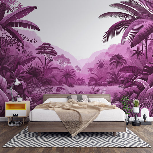 Papier peint jungle rose | Palmiers, feuillages et montagnes