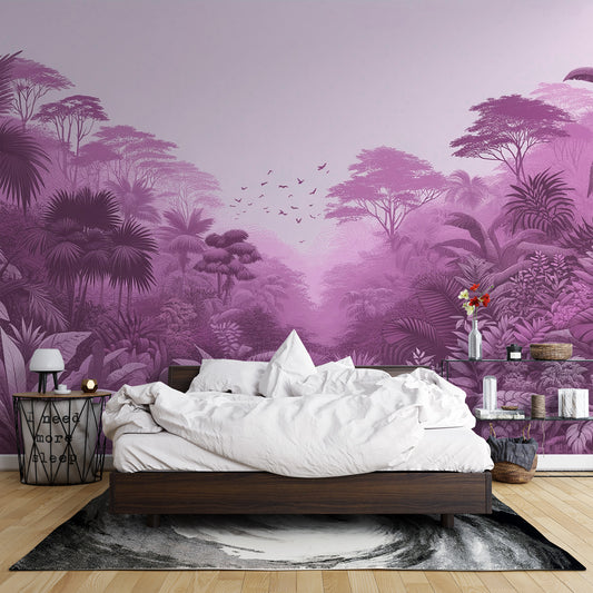 Papier peint jungle rose | Vallée de feuillages massifs