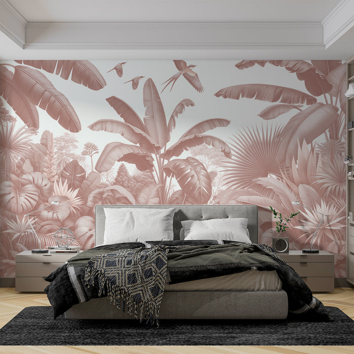 Papier peint jungle terracotta rose | Bananiers terracotta et oiseaux