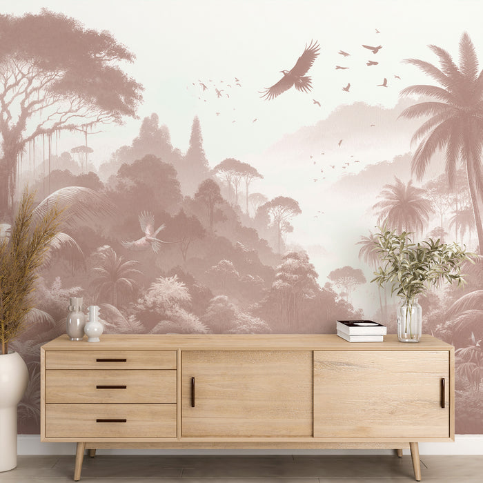 Papier peint jungle terracotta rose | Feuillages et oiseaux