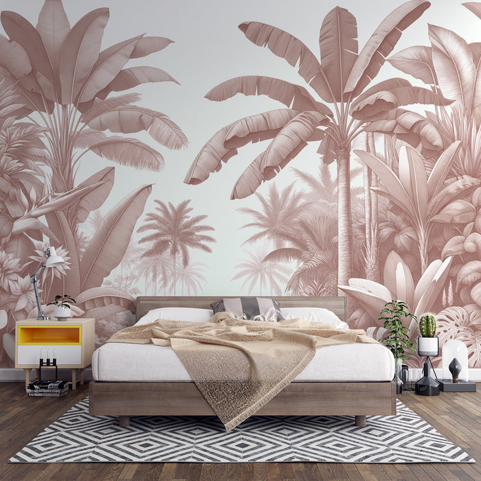 Papier peint jungle terracotta rose | Palmiers et bananiers fond blanc