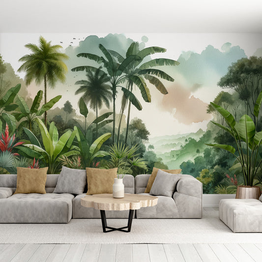 Papier peint jungle tropical | Aquarelle verte d'une jungle massive