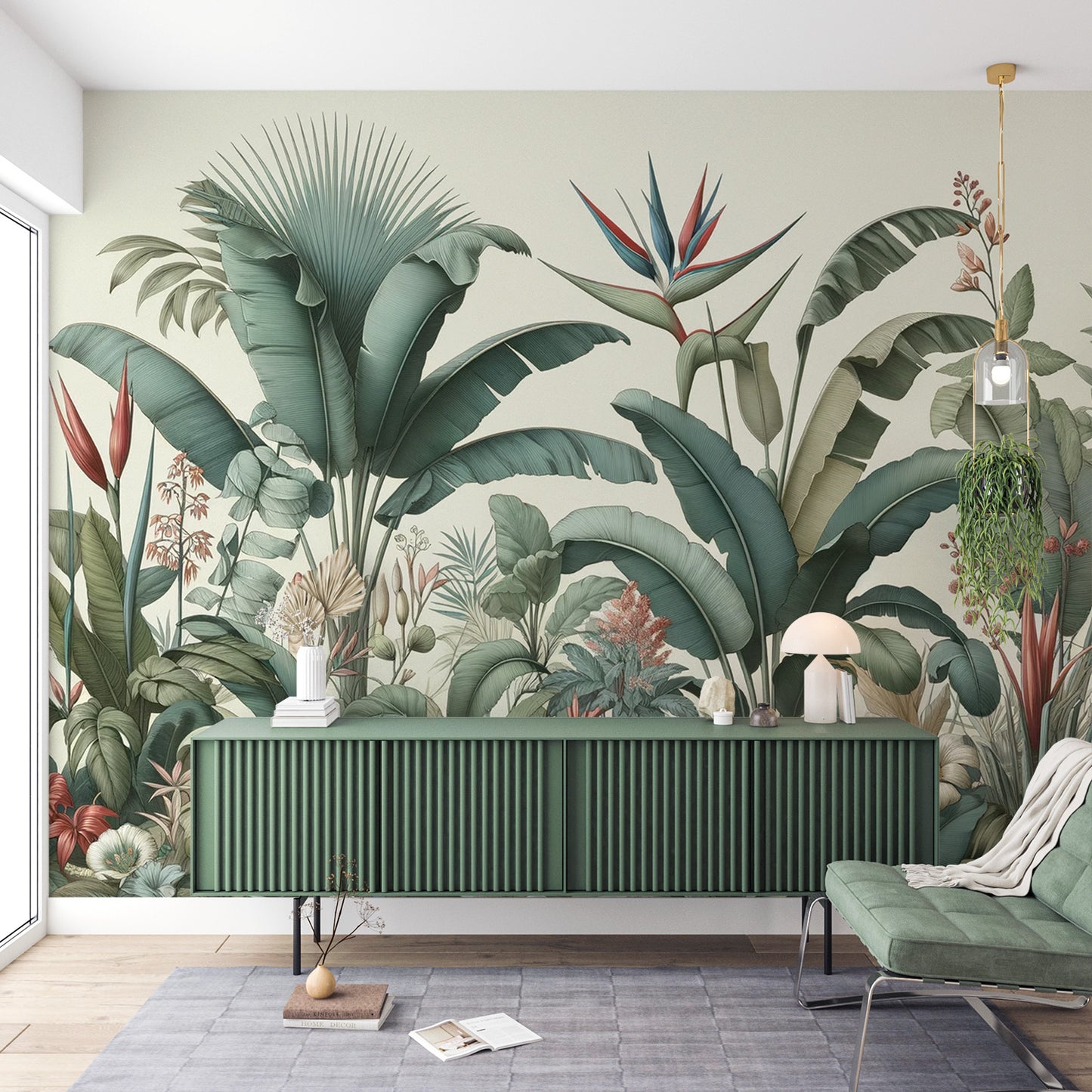 Papier peint jungle tropical | Composition florale verte et bleue