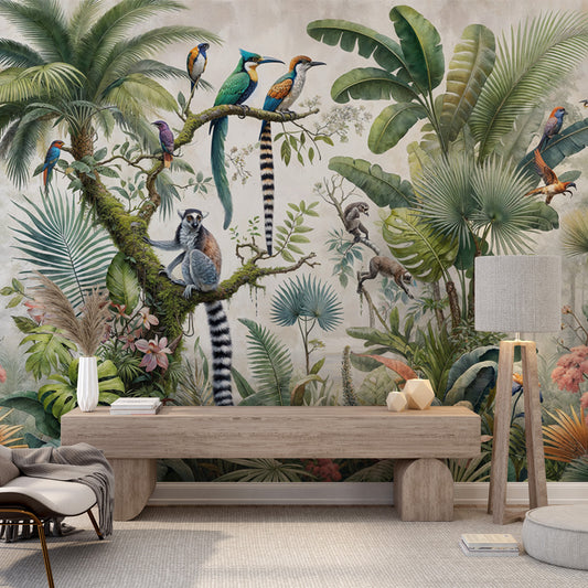 Papier peint jungle tropical | Oiseaux imaginaires et lémuriens