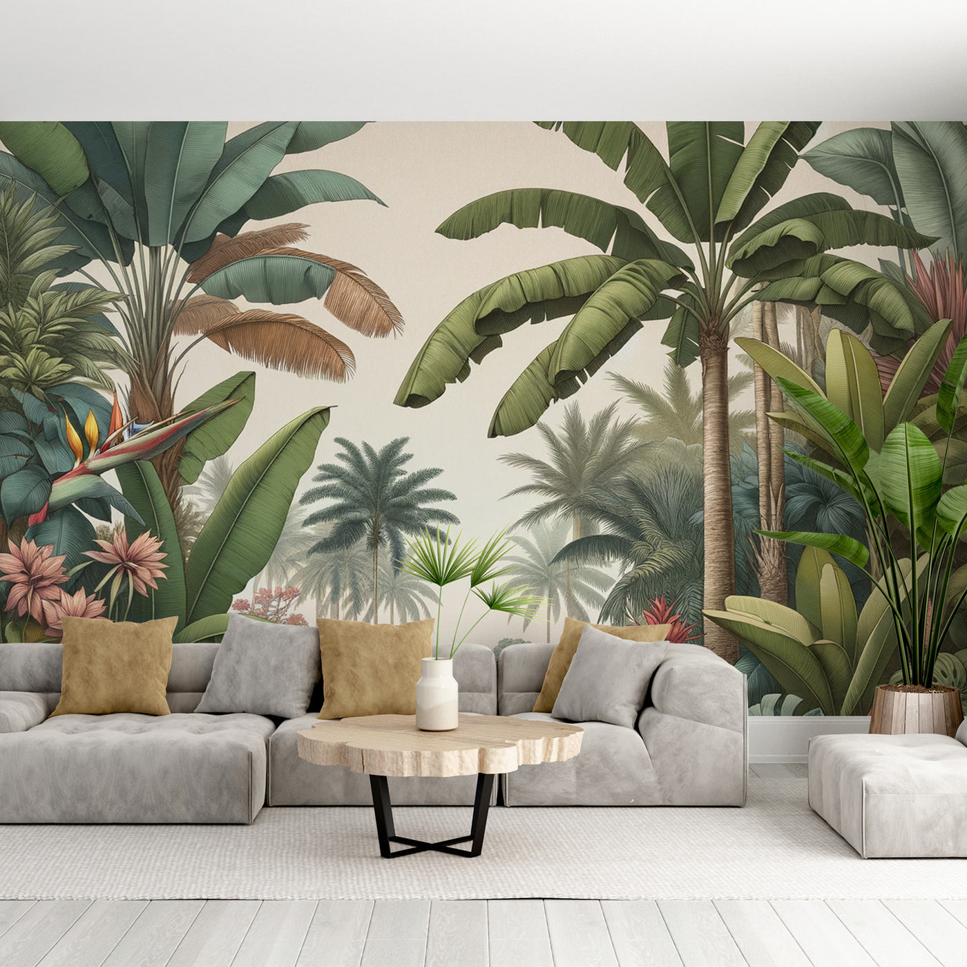 Papier peint jungle tropical | Palmiers et bananiers fond beige ...