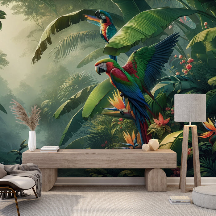 Papier peint jungle tropical | Perroquets colorés et feuillages verts