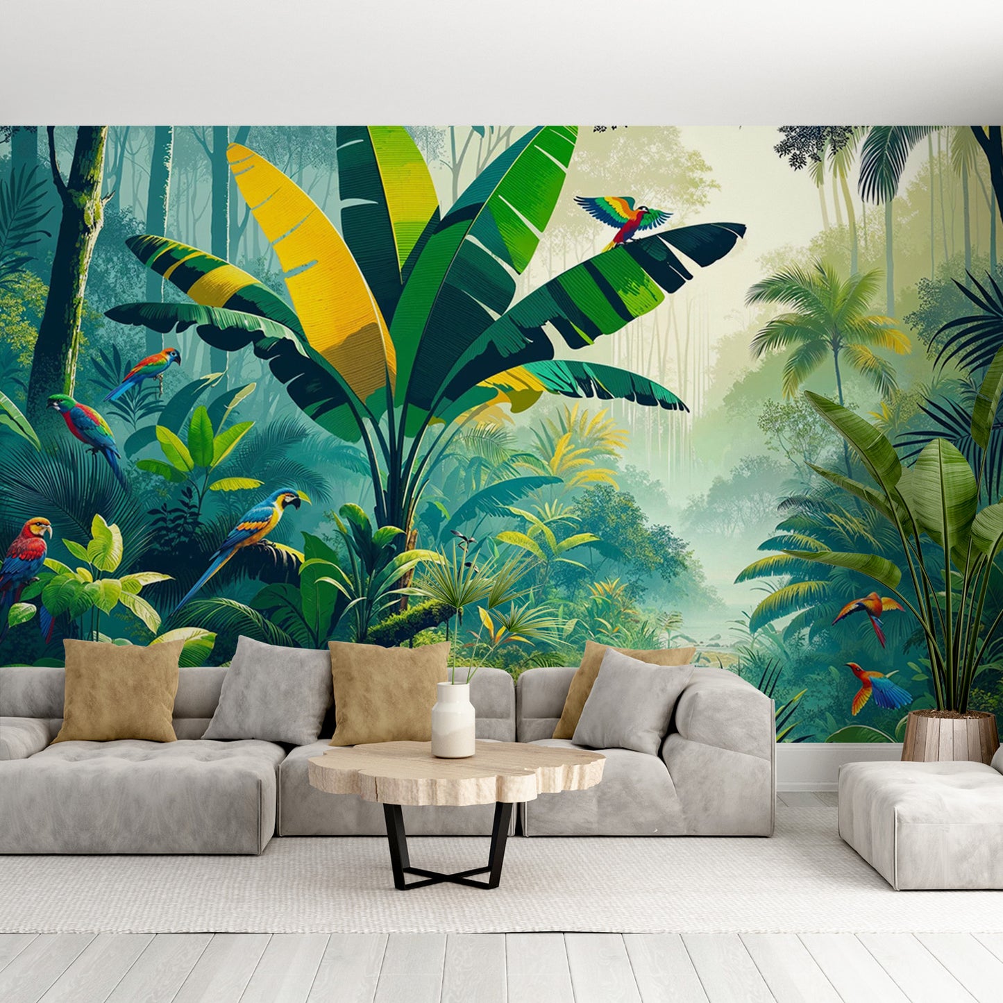 Papier peint jungle tropical | Perroquets imaginaires, feuillages verts et jaunes