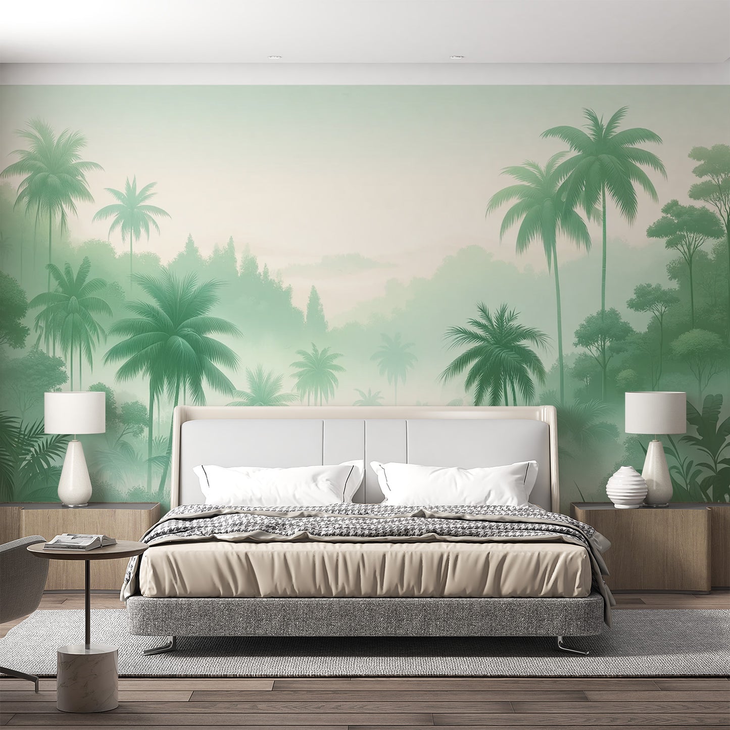 Papier peint jungle tropical | Vallée de palmiers verts et brume