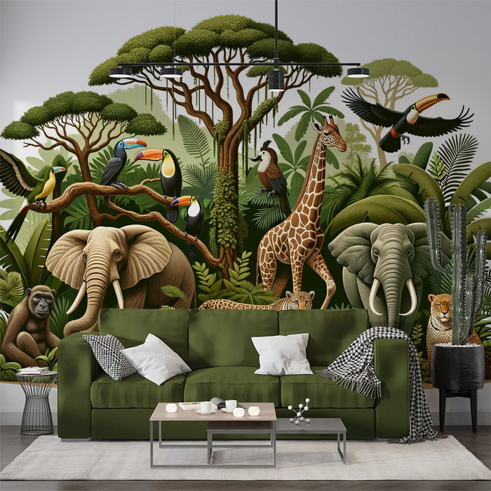 Papier peint jungle tropicale | Girafe, Toucans et éléphants