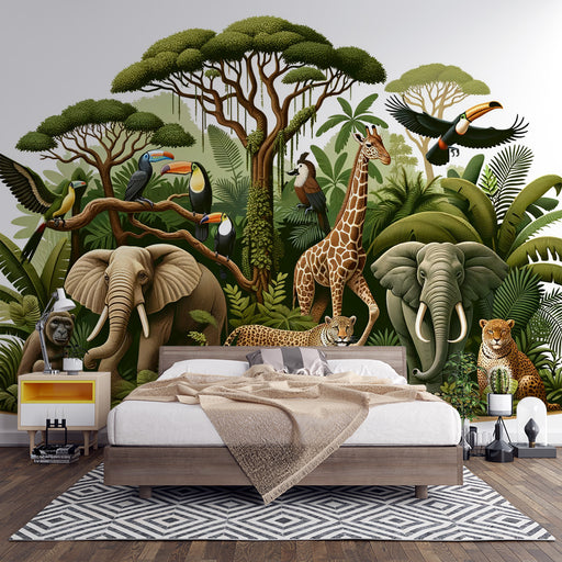 Une chambre moderne avec un papier peint tropical vibrant représentant une faune sauvage colorée, évoquant une atmosphère exotique et vivante.