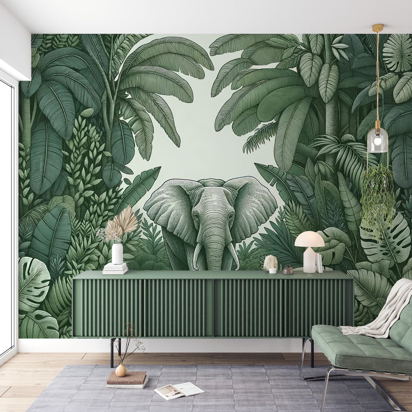 Papier peint jungle verte | Éléphant au milieu des feuillages