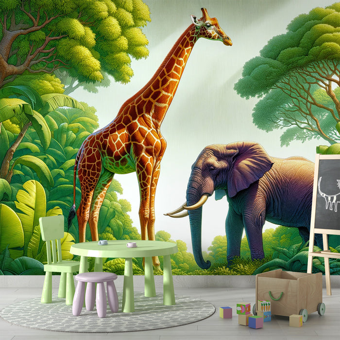 Papier peint jungle verte | Girafe et éléphant face à face