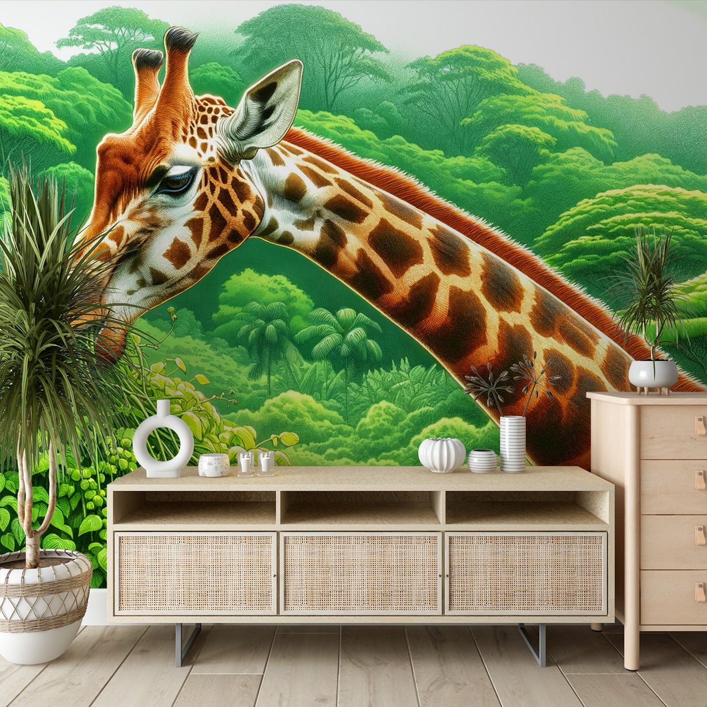 Papier peint jungle verte | Girafe majestueuse en plein repas