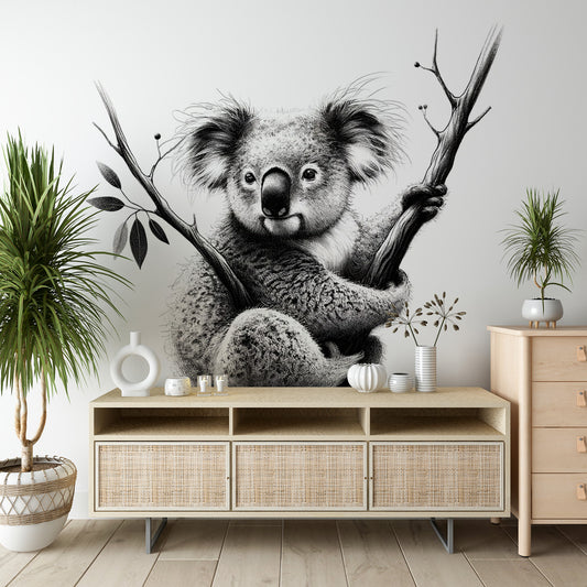 Papier peint koala | Dessin noir et blanc réaliste
