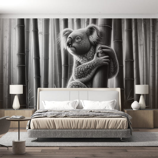 Papier peint koala | Réaliste noir et blanc dans sa forêt de bambou