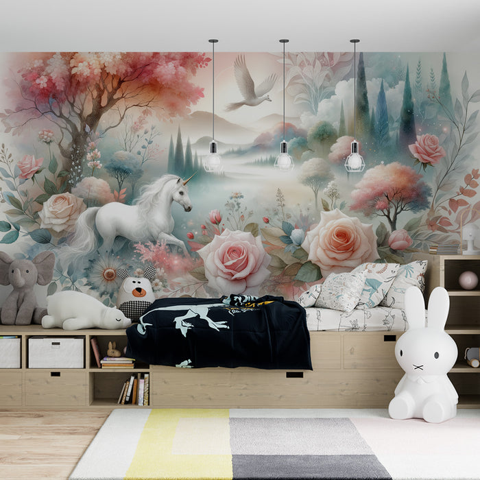 Papier peint licorne | Animaux imaginaire avec compositions de roses fleuries