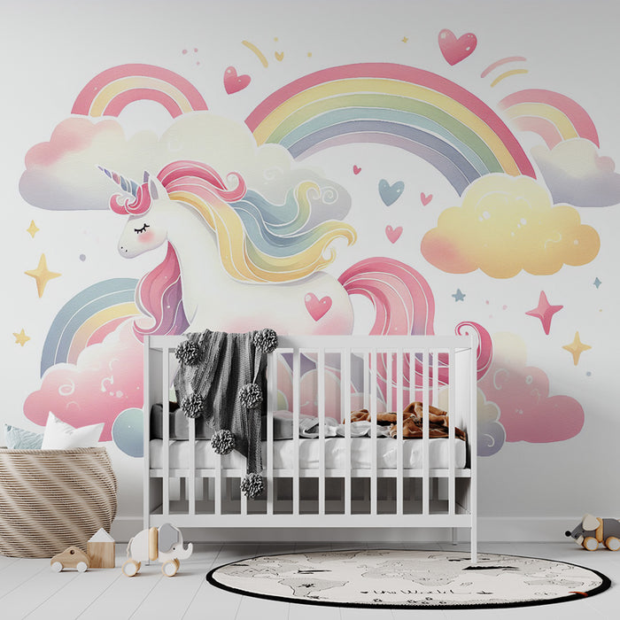 Papier peint licorne | Arc-en-ciel, nuages, cœurs et petite licorne