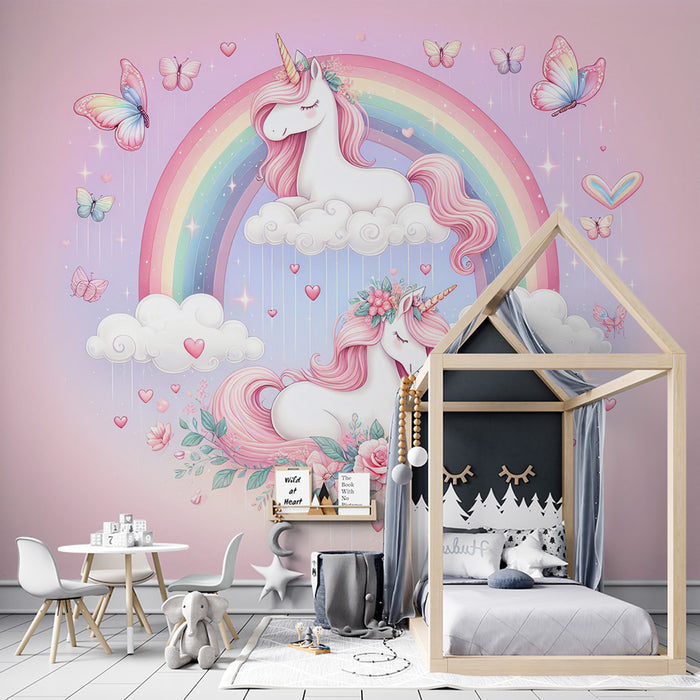 Papier peint licorne | Arc-en-ciel et duo de licorne sur leur nuage
