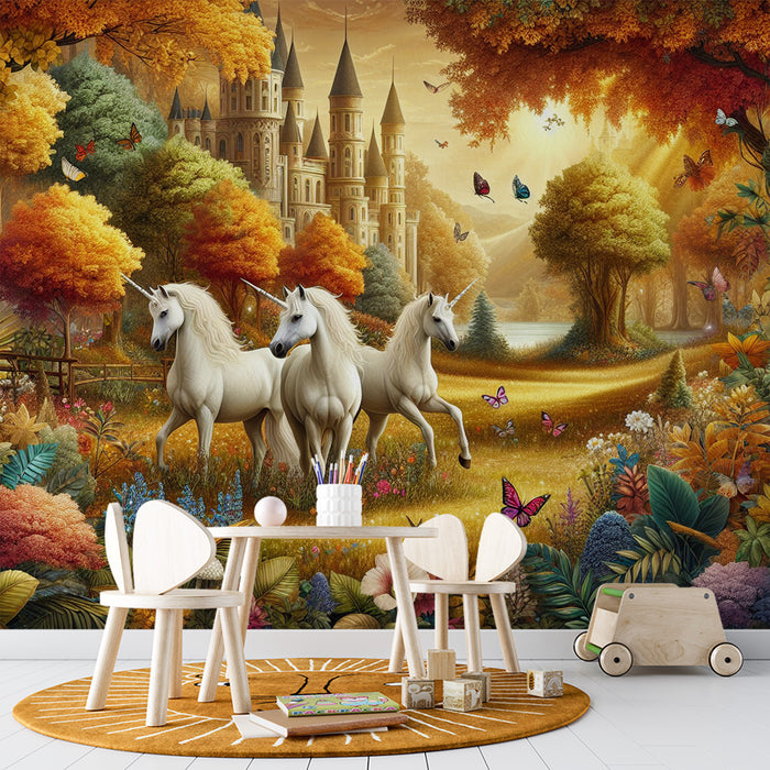 Papier peint licorne | Château dans une forêt enchantée et magique