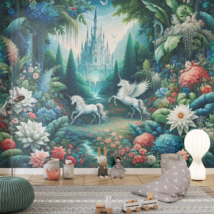 Papier peint licorne | Château dans une forêt tropicale avec duo de licorne