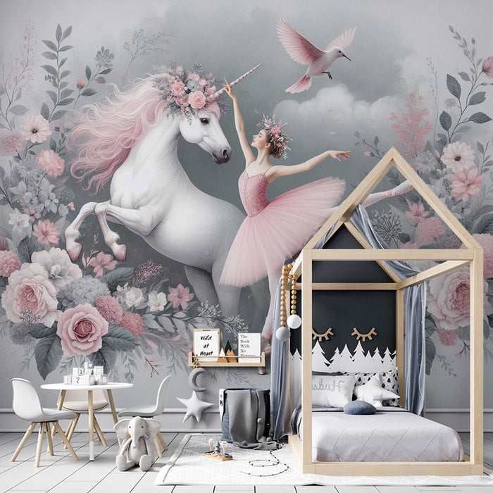 Papier peint licorne | Danseuse et licorne dans les fleurs roses