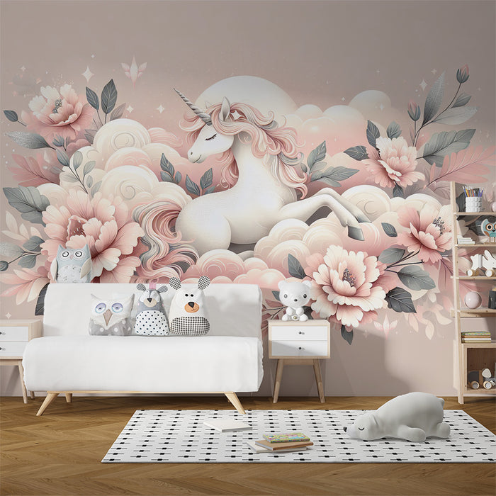 Papier peint licorne | Nuages fleurs roses et licorne allongée