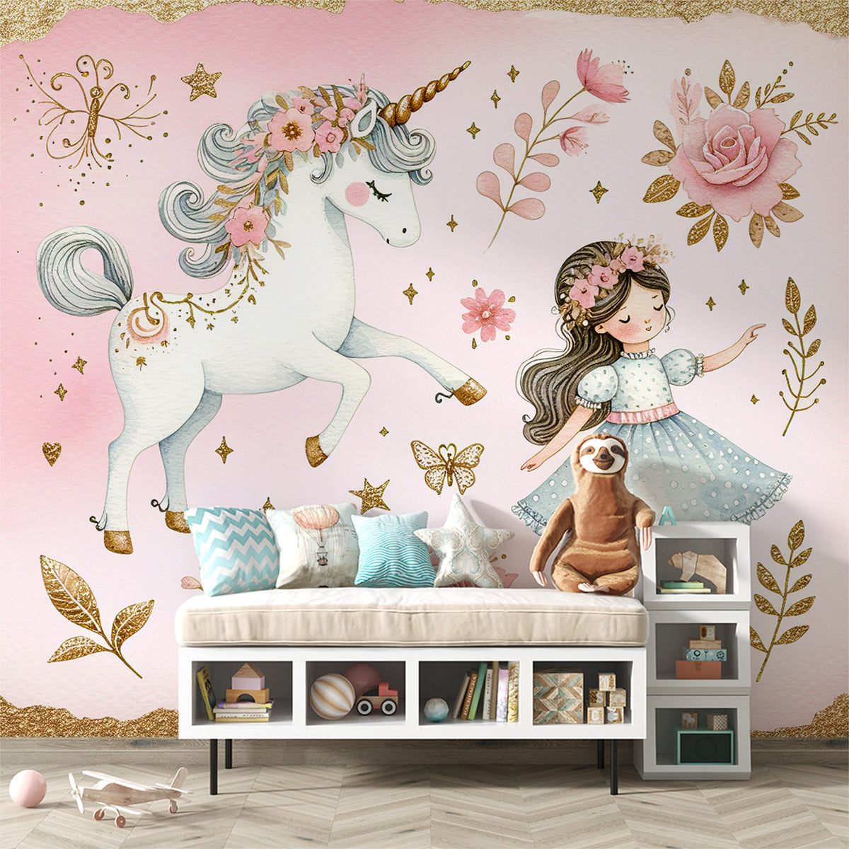 Murale Licornes Et Château Pulaton – Papier Peint Fantaisie Autocollant Pour Chambre