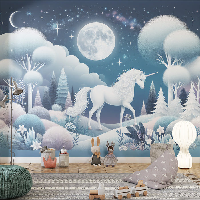 Papier peint licorne | Pleine lune et licorne magique dans une forêt enchantée