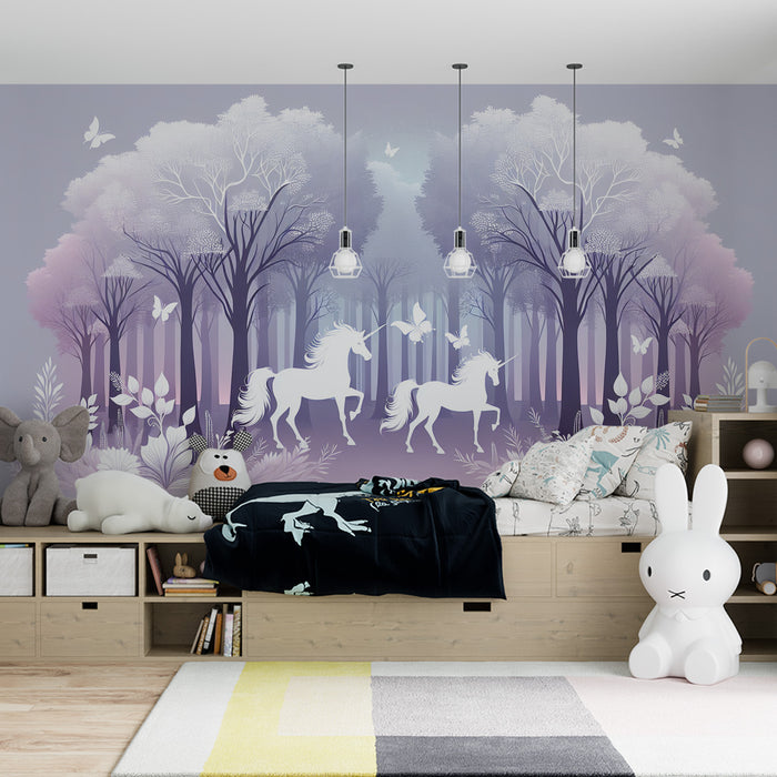 Papier peint licorne | Silhouettes de licorne dans une forêt violette