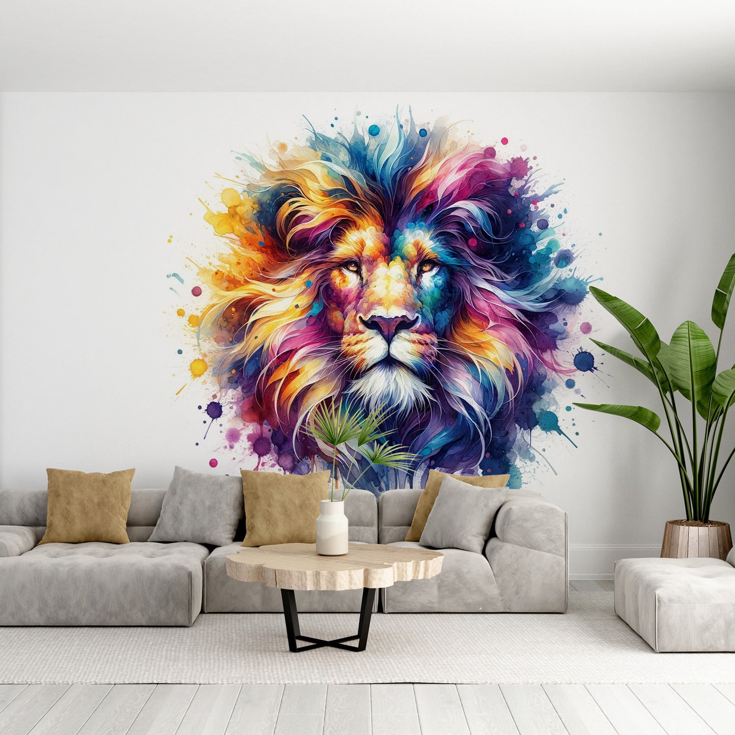 Papier peint lion | De face en aquarelle colorée
