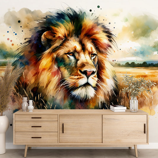 Papier peint lion | Tête dans la savane en aquarelle