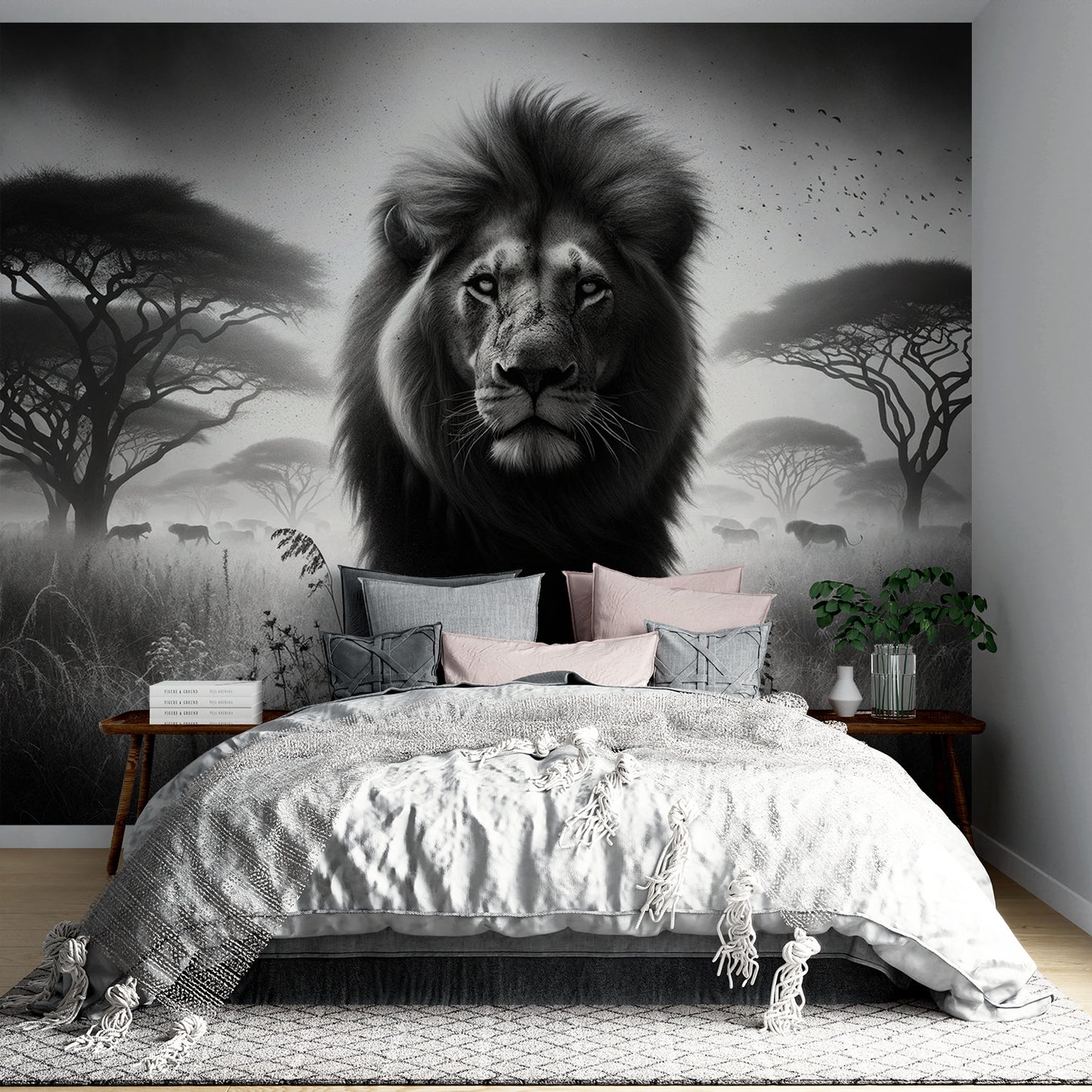 Papier peint lion noir et blanc | De face dans la savane